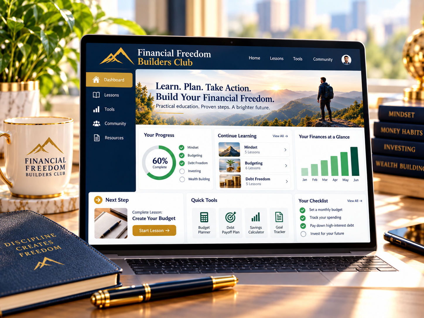 Financial Freedom Builders Club learning dashboard with lessons, tools, and progress tracking