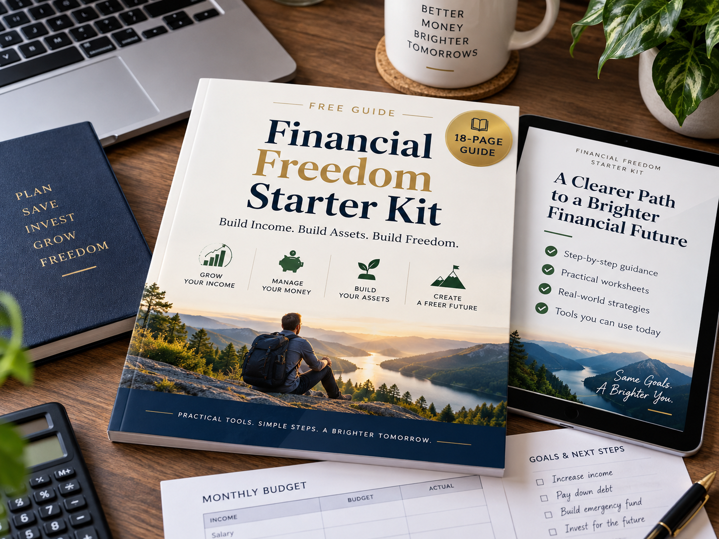 Financial Freedom Starter Kit guide mockup and financial planning worksheets